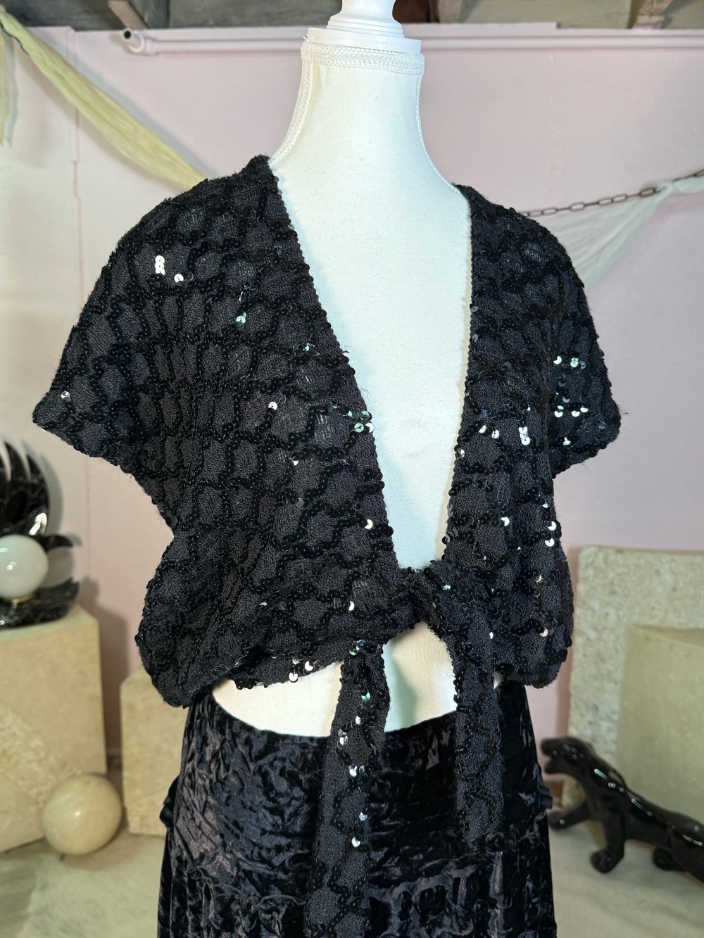 Vintage Black Sequin Tie-Front Cropped Bolero Shrug